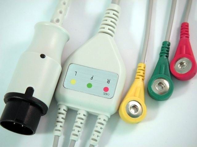 Nihon Kohden One piece 3 leads ECG cable with snap,IEC,Round 8 pin